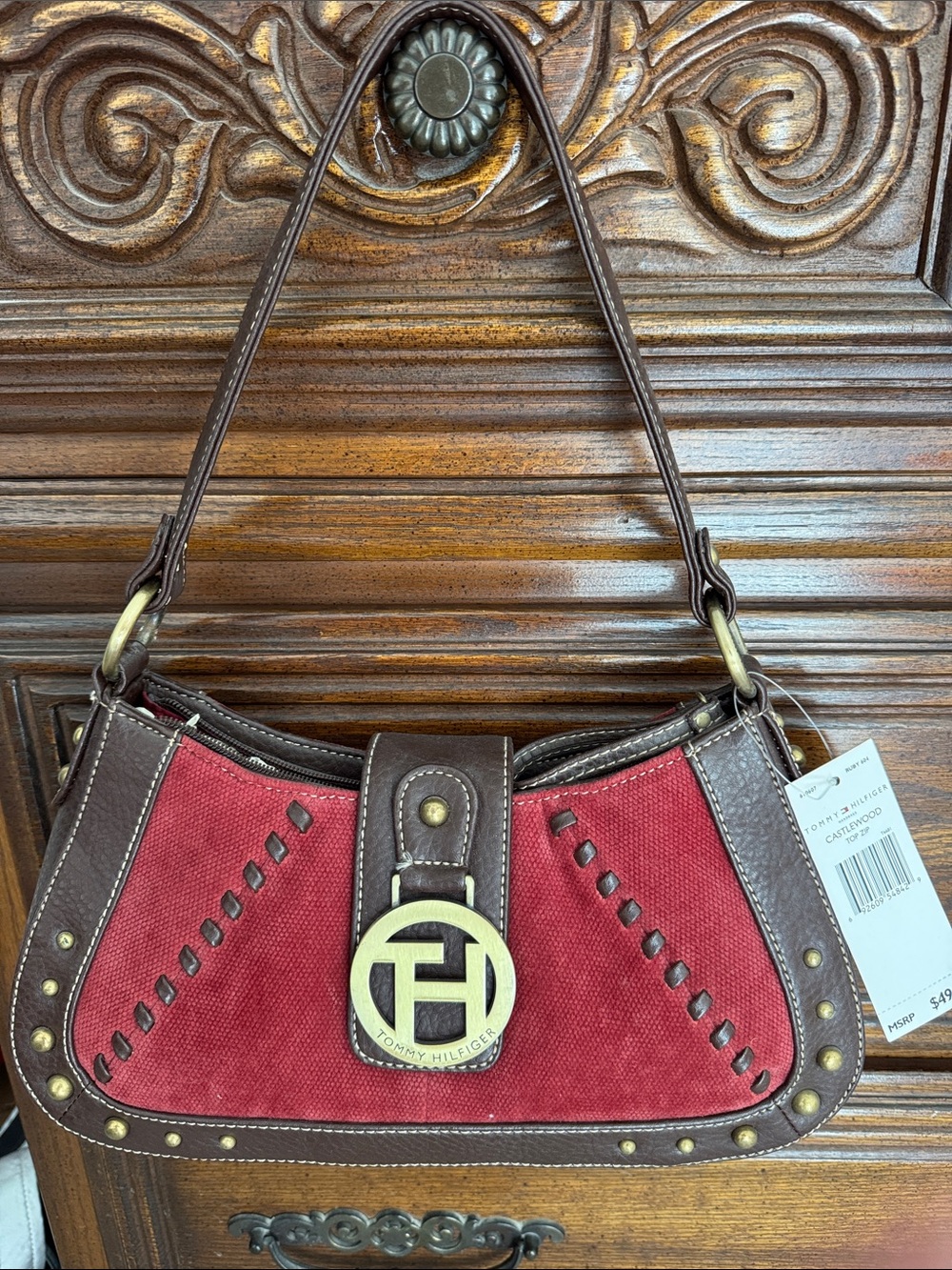Tommy Hilfiger Red and Brown Shoulder Bag with Gold Hardware